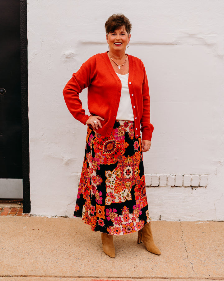 Karen Kane: Bias Cut Midi Skirt in Rosy Rebel