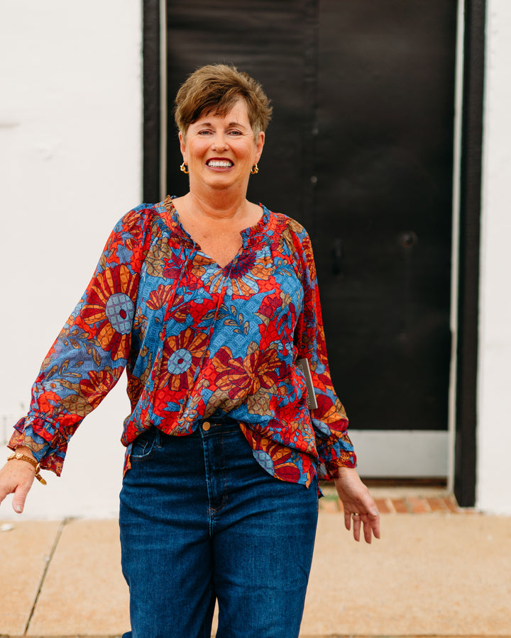 Multiples: Double Flounce Raglan 3/4 Sleeve Tie Front Shirred Neck Top (M35508TM)