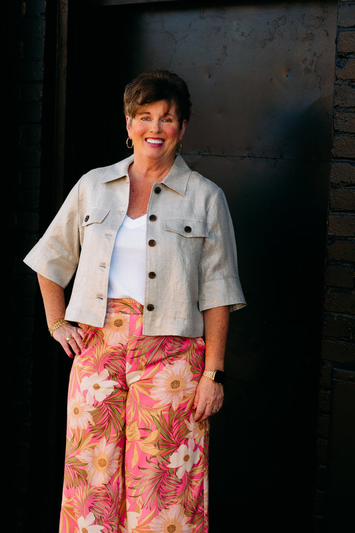 Joseph Ribkoff: Foiled Linen Blend Short Sleeve Boxy Jacket