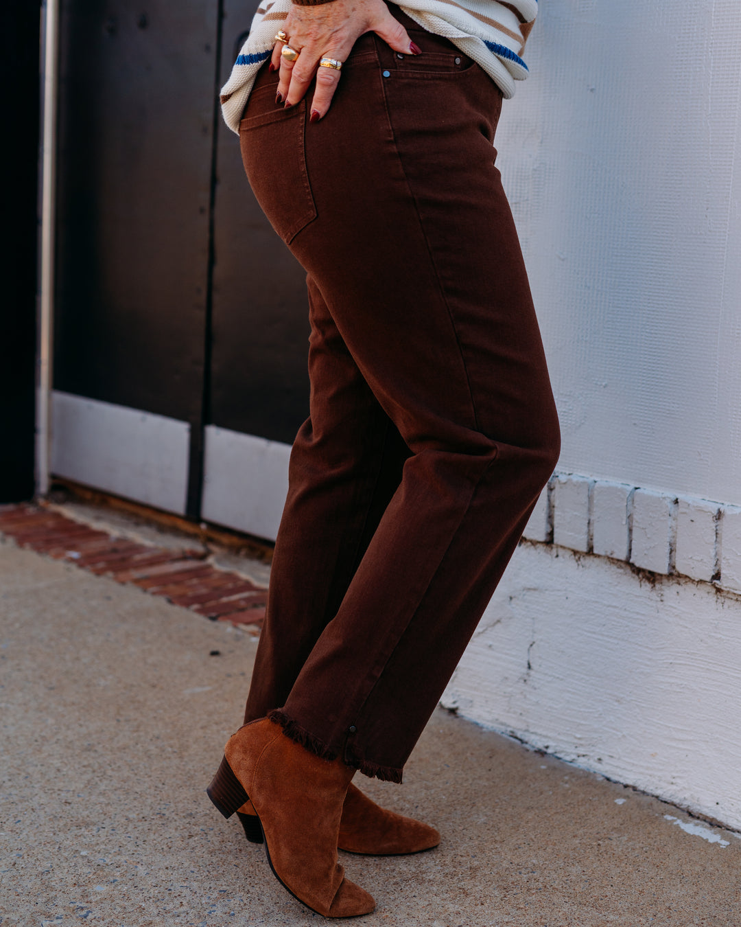 Multiples: (Chocolate Angel) Elastic Waist Fringe Hem Ankle Jean in Rich Chocolate M35714PM
