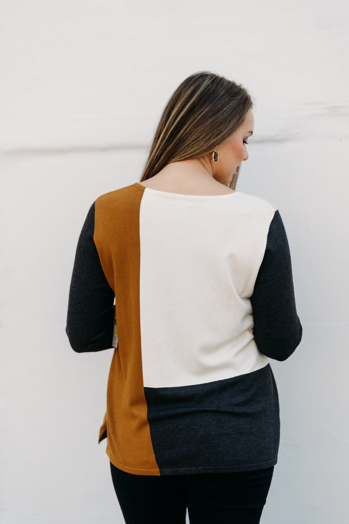 Multiples: 3/4 Sleeve Jewel Neck Color Block Solid Sweater Knit Top M44403KM - 969 Multi