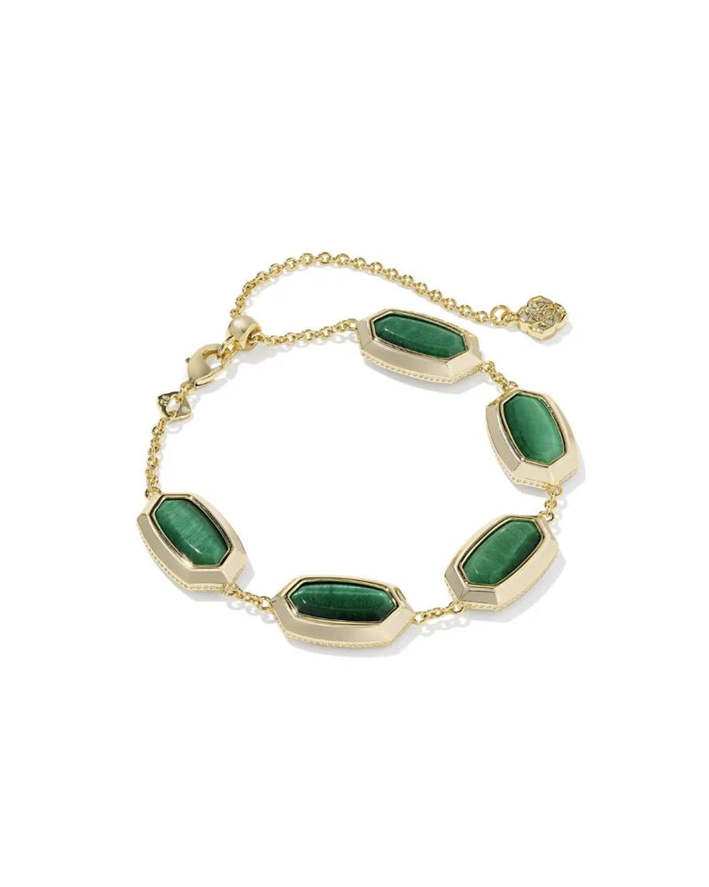 Kendra Scott: Elaina Bezel Delicate Chain Bracelet in Gold Green Tigers Eye