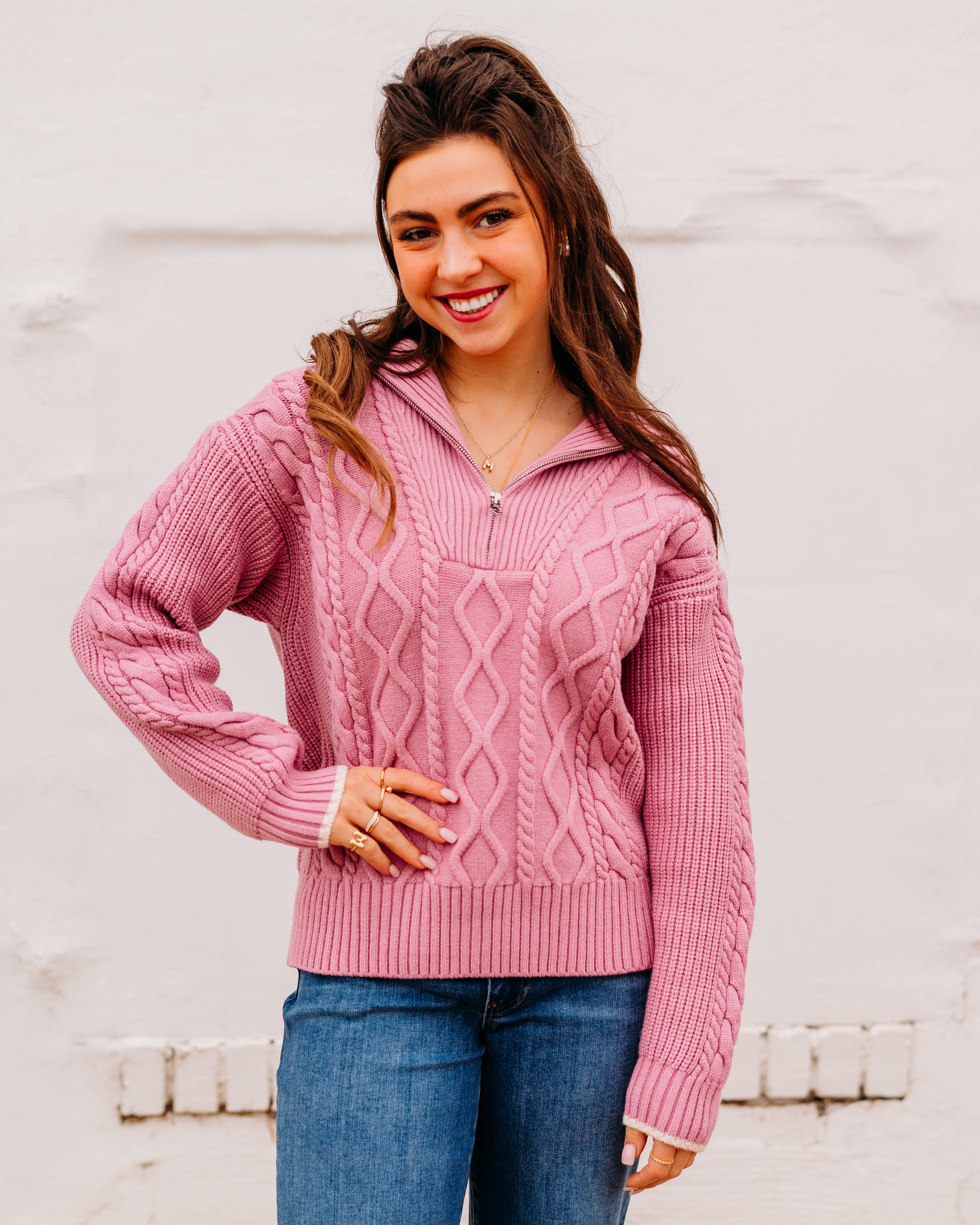 Varley Didi Cable Half Zip in Mauve Orchid | Relaxed Fit Pullover