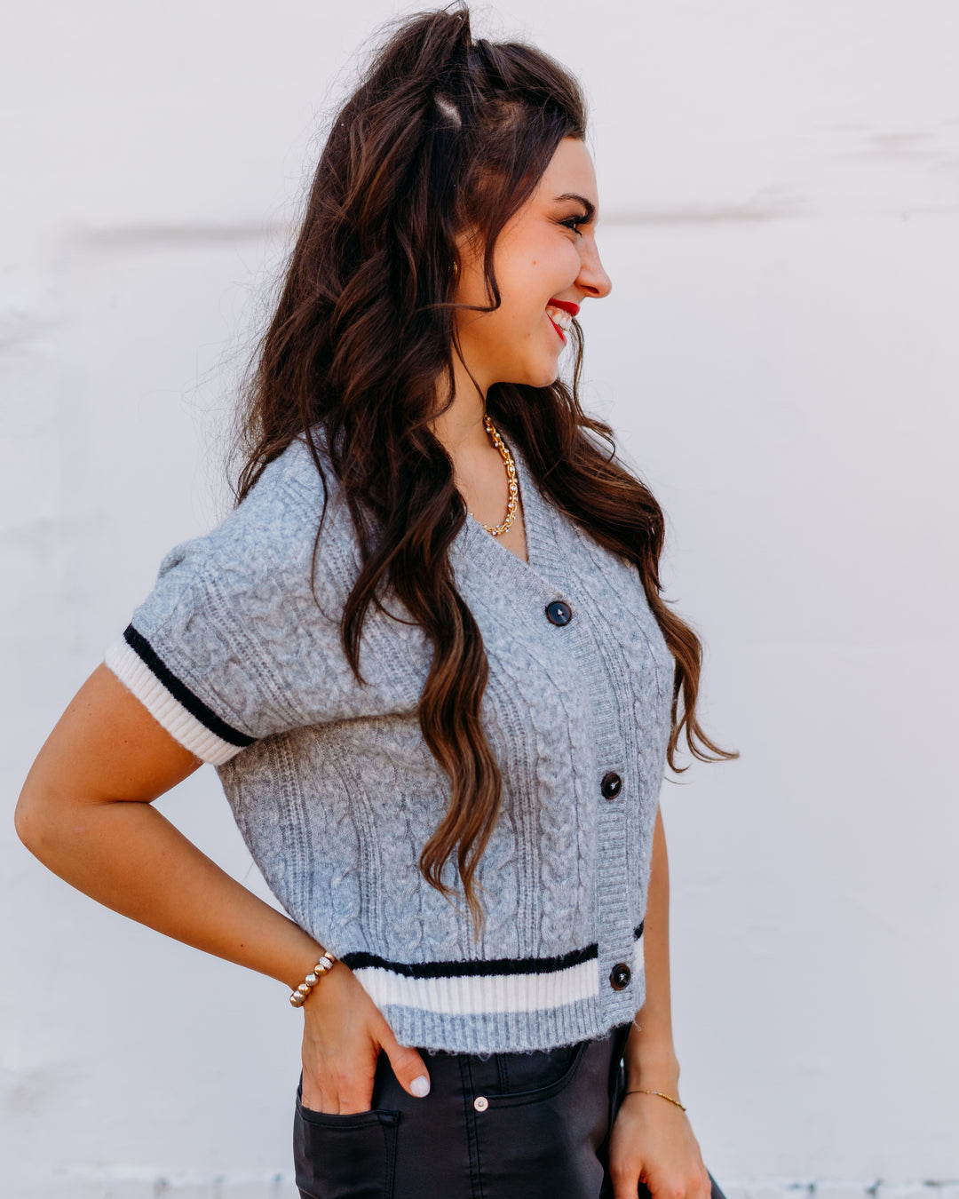 Design History: v Neck Short Sleeve Button Front Top in Airstream