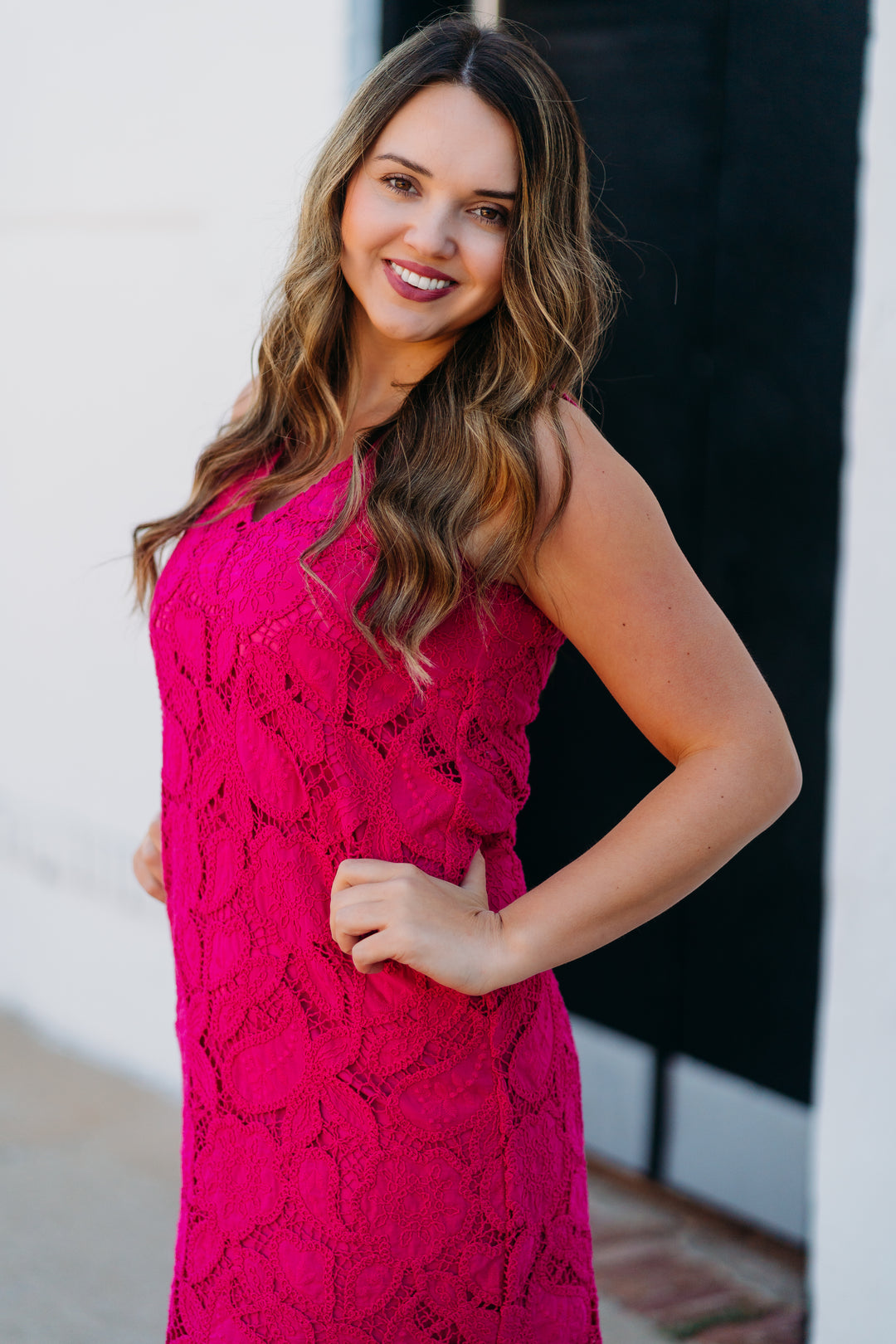 Karen Kane: Lace Shift Dress in Dark Pink 2L70216