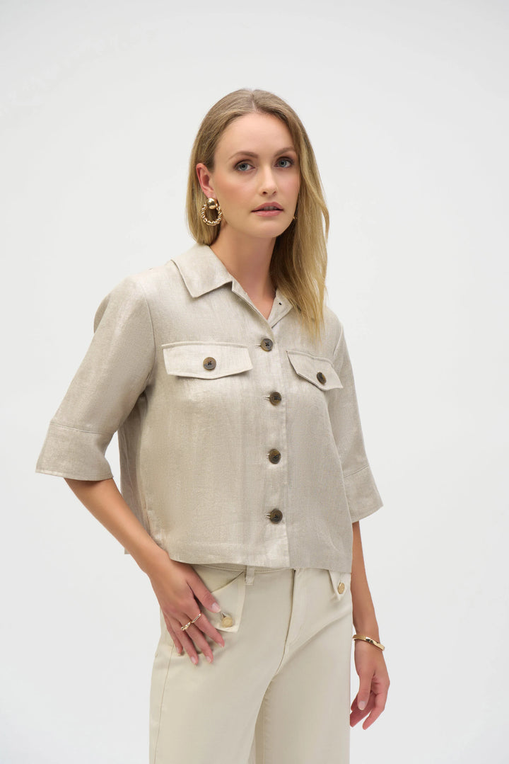 Joseph Ribkoff: Foiled Linen Blend Short Sleeve Boxy Jacket