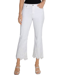 Liverpool: Hannah Crop Flare with Lace Applique and Fray in Bright White