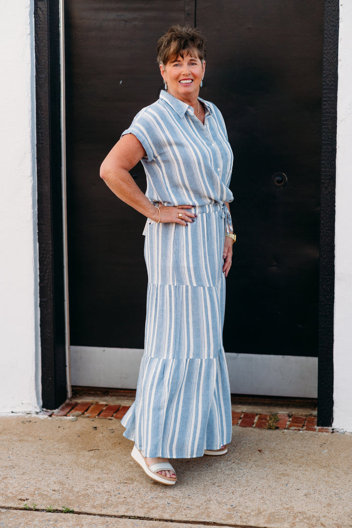 Thread & Supply: Benny Skirt in Blue Ivory Stripe