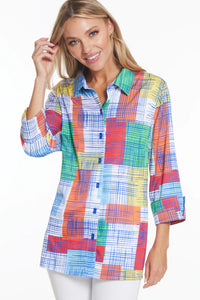 Multiples: Turn-Up Cuff 3/4 Sleeve Button Front Hi-Lo Print Woven Shirt M24305BM