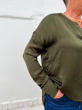Load image into Gallery viewer, Glam: V-Neck Satin Top in Olive GT6191
