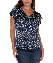 Load image into Gallery viewer, Liverpool: Double V Neck Flutter Sleeve Top in Navy Multi Print
