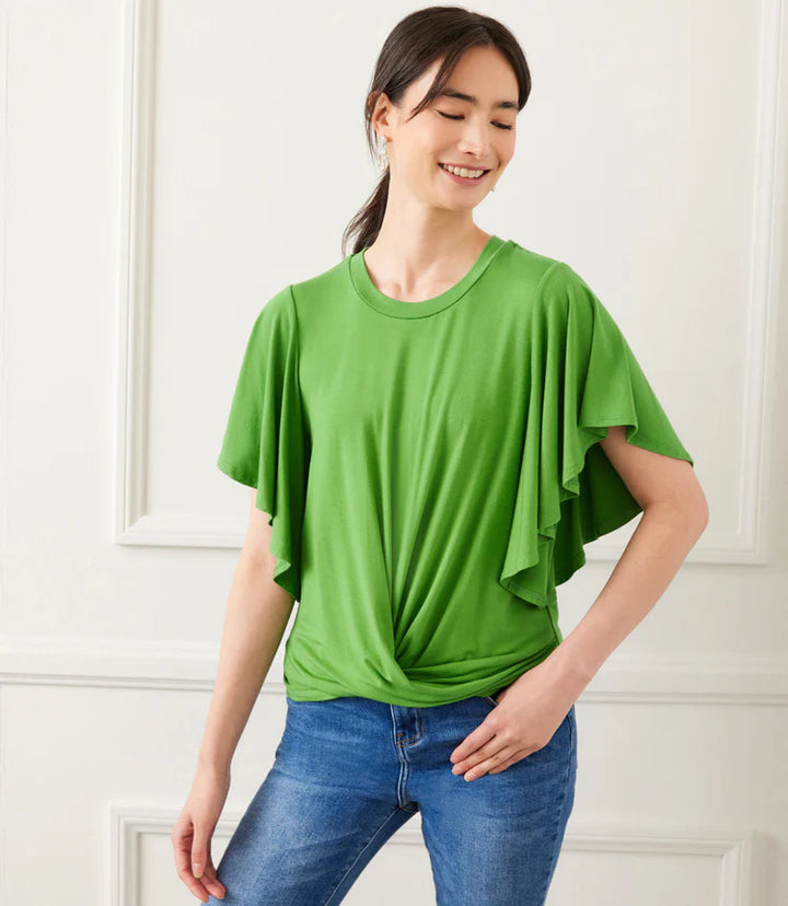 Karen Kane: Flutter Sleeve Drape Front Top in Green