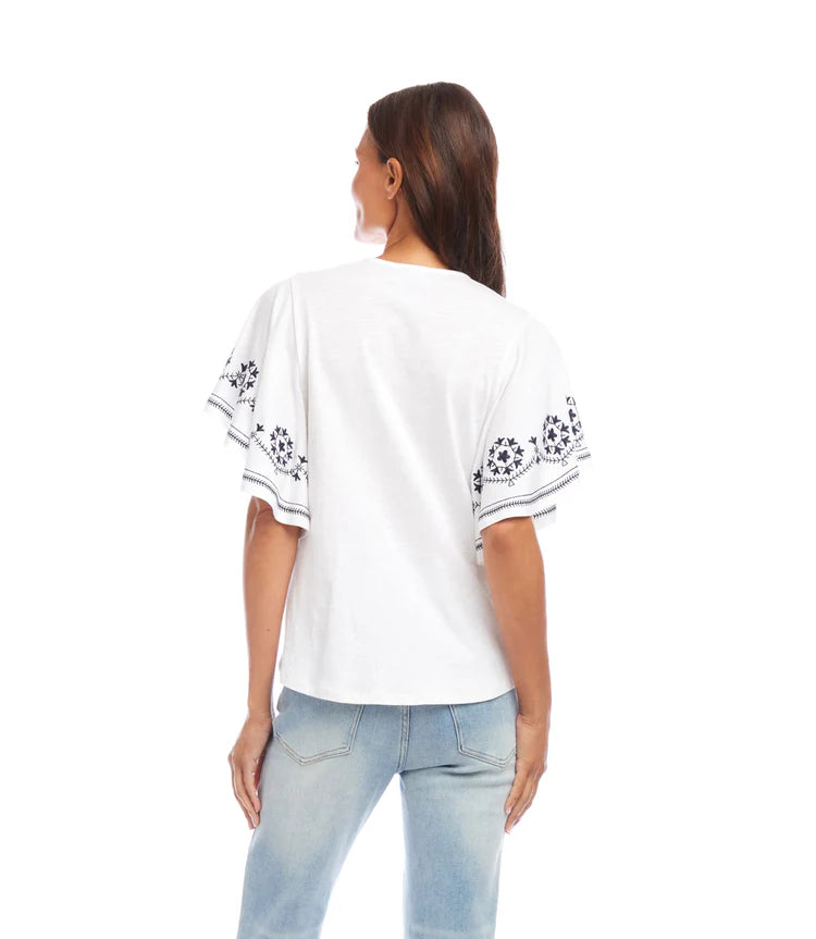 Karen Kane: Embroidered Flutter Sleeve Top in Off White