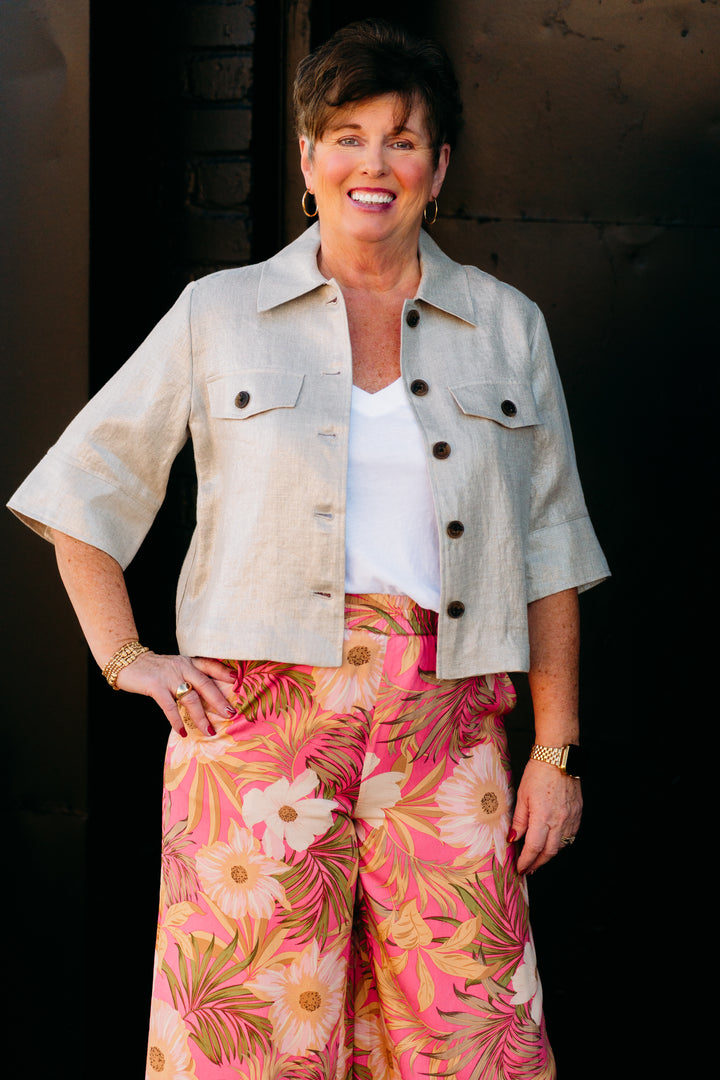 Joseph Ribkoff: Foiled Linen Blend Short Sleeve Boxy Jacket