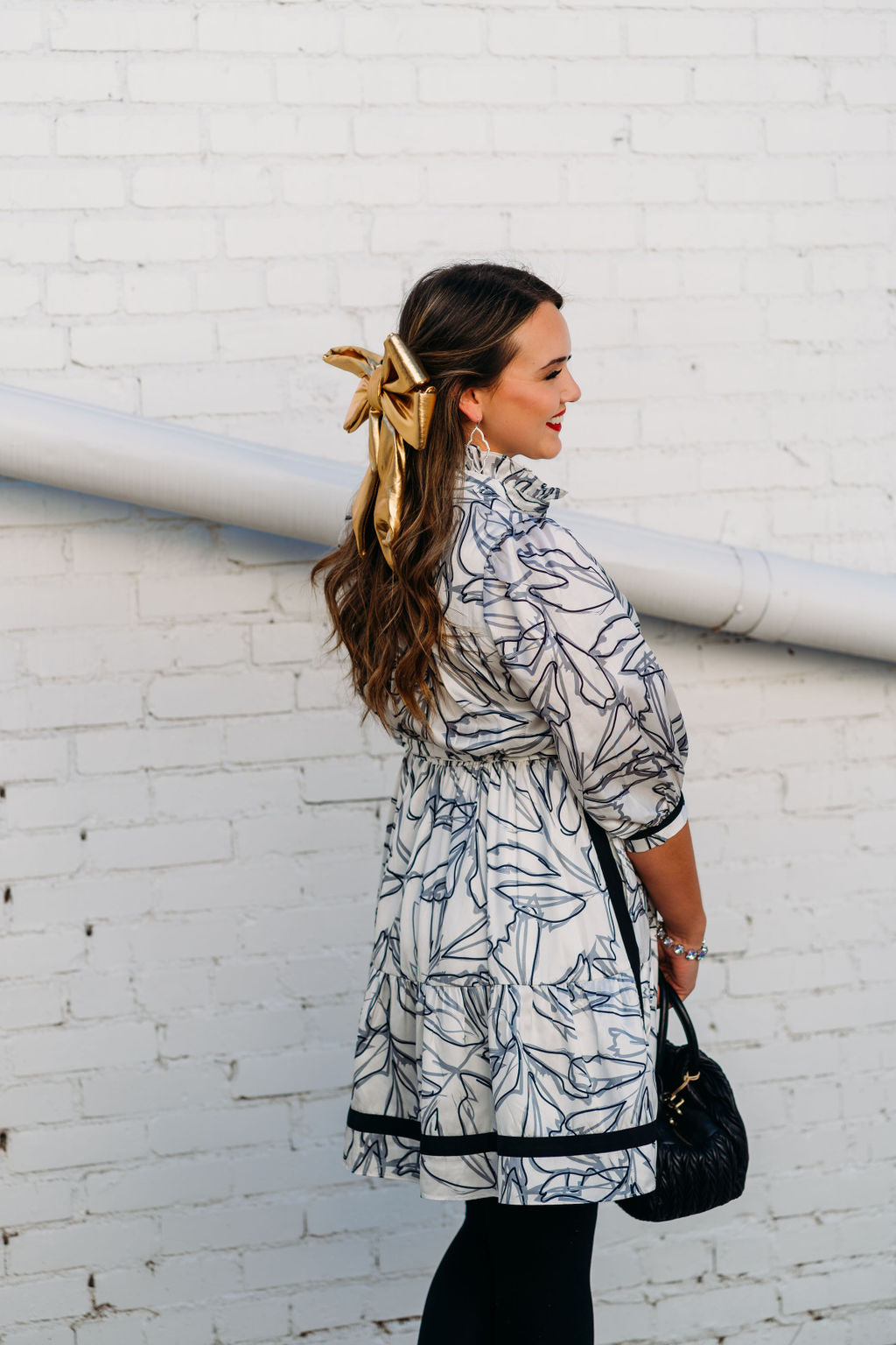 Jade: Black Leaves High Neck Trim Tiered Dress 69H9827