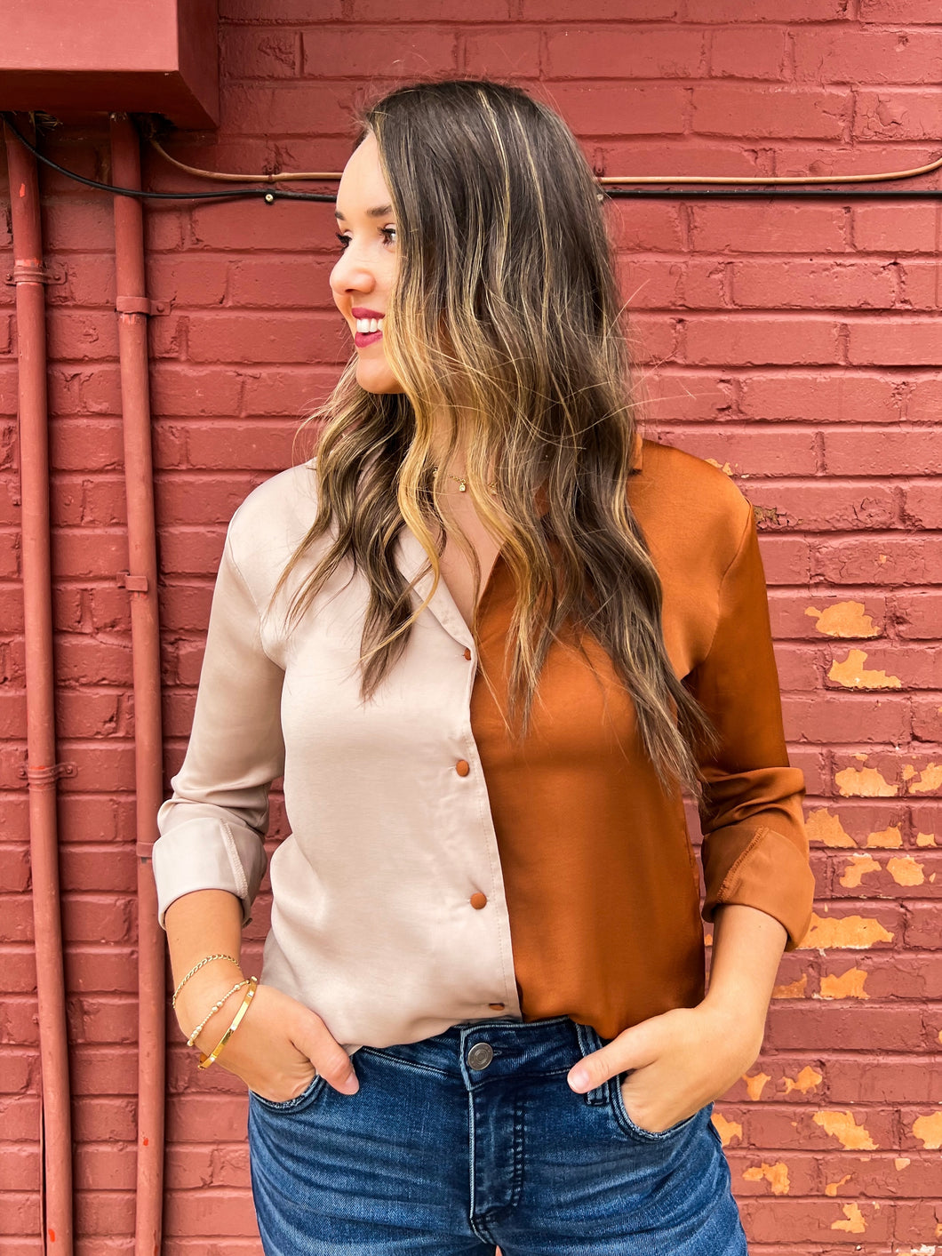 Glam: Button Down Color Block Shirt in Taupe GT5043