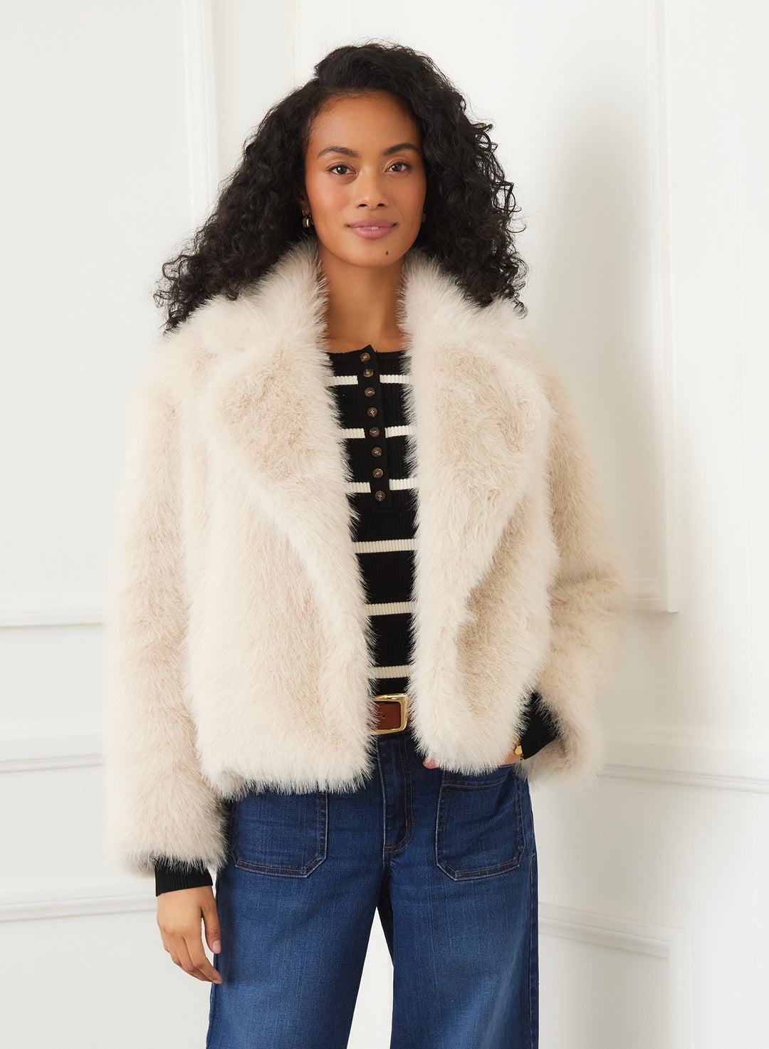Karen Kane: Cropped Faux Fur Jacket in Stone