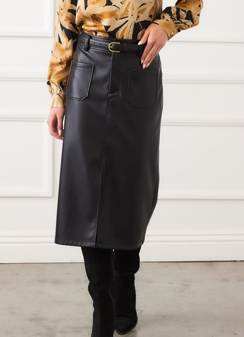 Karen Kane: Faux Leather Midi Skirt in Black 3L69900