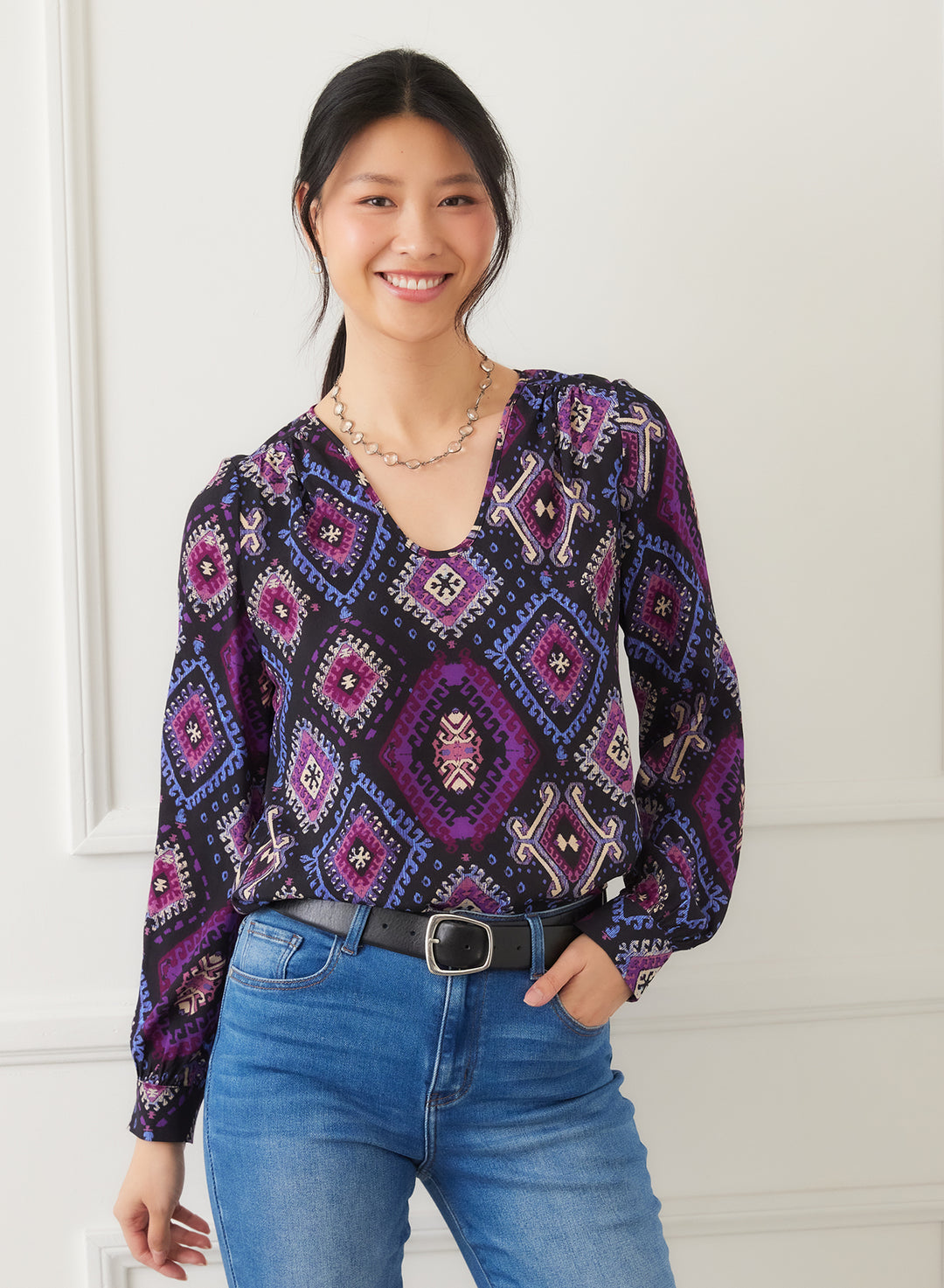Karen Kane: Long Sleeve Scoop Neck Blouse in Print
