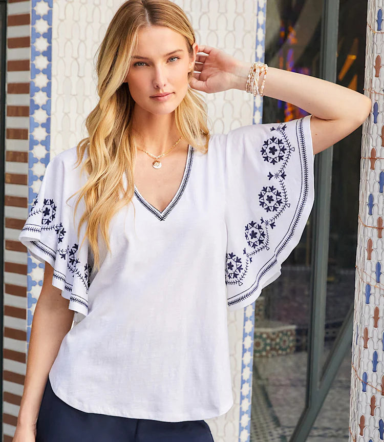 Karen Kane: Embroidered Flutter Sleeve Top in Off White