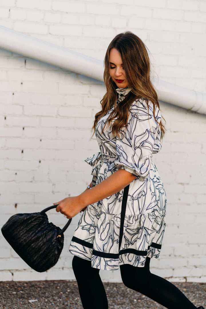 Jade: Black Leaves High Neck Trim Tiered Dress 69H9827