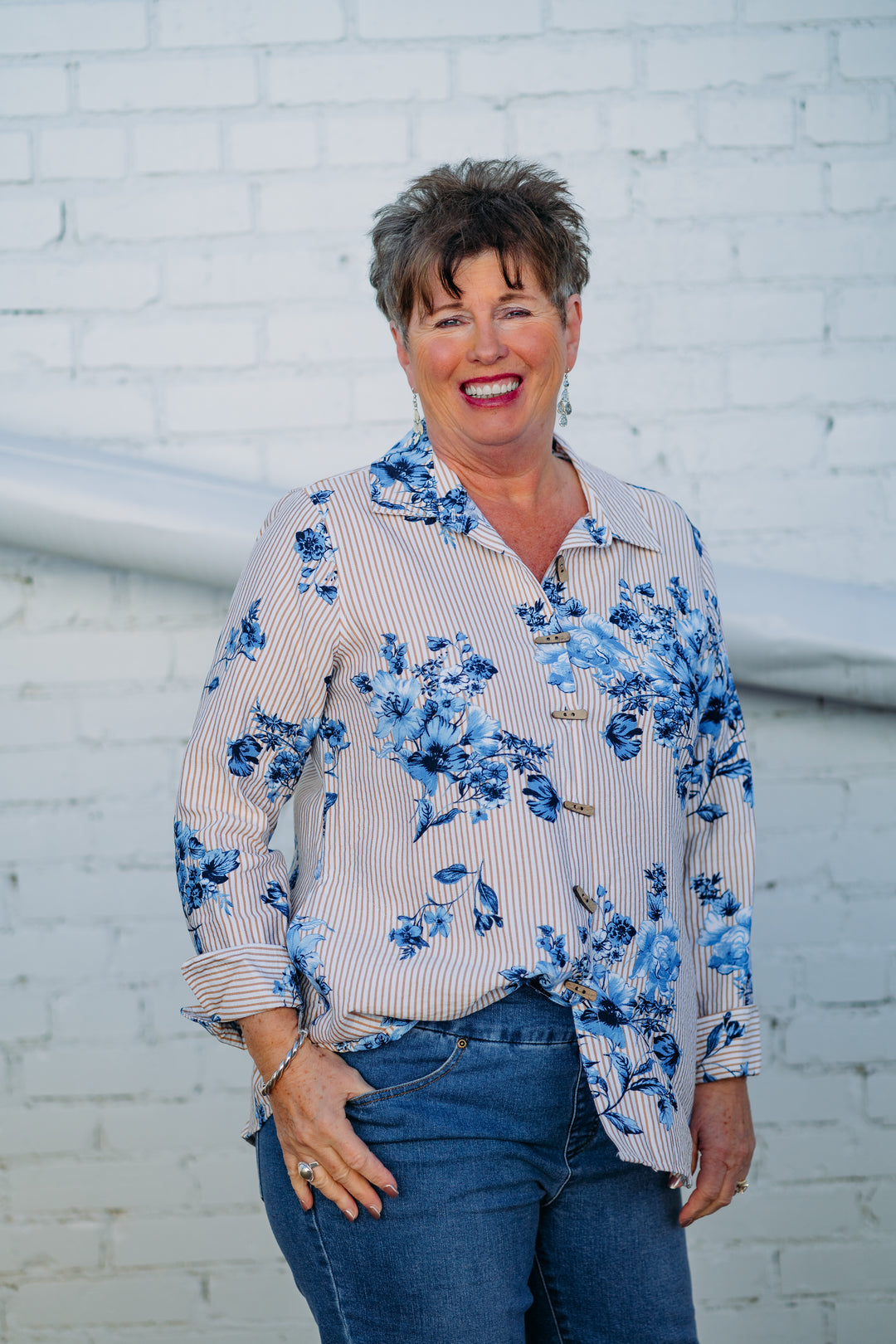 Multiples: Turn-Up Cuff 3/4 Sleeve Shirt in Multi M15307BM