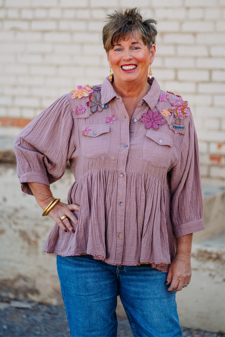 Ivy Jane: Carrying Flowers Peplum Top in Mauve