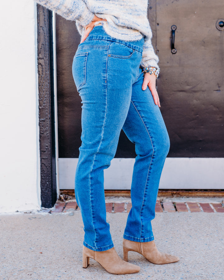 Multiples: Denim Pull-on Ankle Jean Pants in Medium Indigo