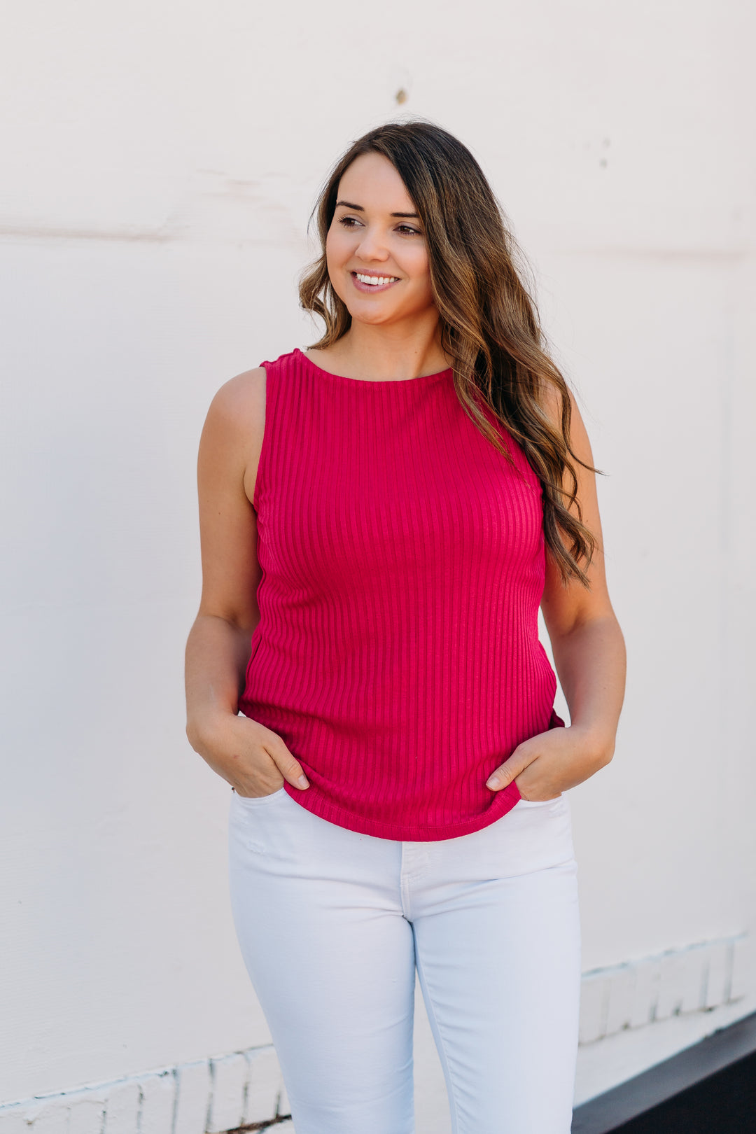 Liverpool: Sleeveless Boat Neck Top in Star Ruby