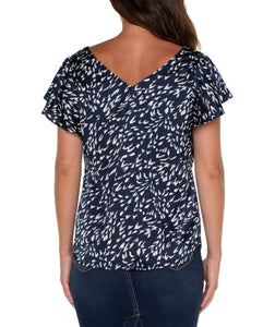 Liverpool: Double V Neck Flutter Sleeve Top in Navy Multi Print