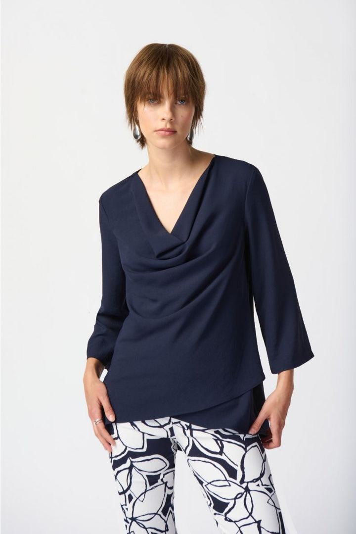 Joseph Ribkoff: Woven Cowl Neck Flared Top in Midnight Blue 241309