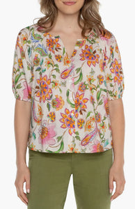 Liverpool: Short Sleeve Button Front Shirred Woven Top in Pink Multi Floral