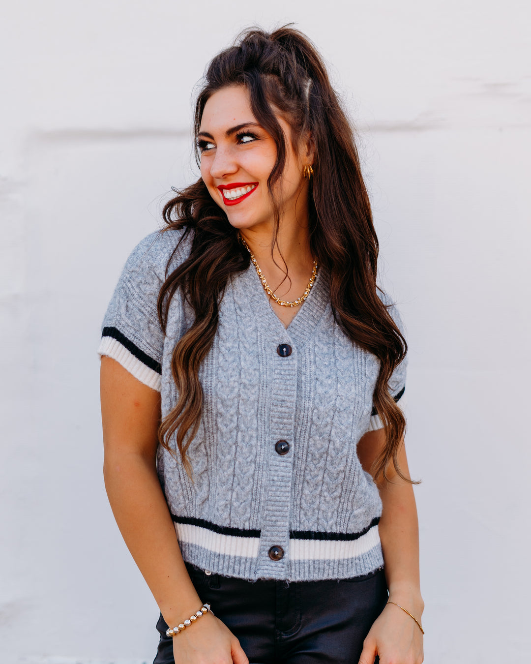 Design History: v Neck Short Sleeve Button Front Top in Airstream