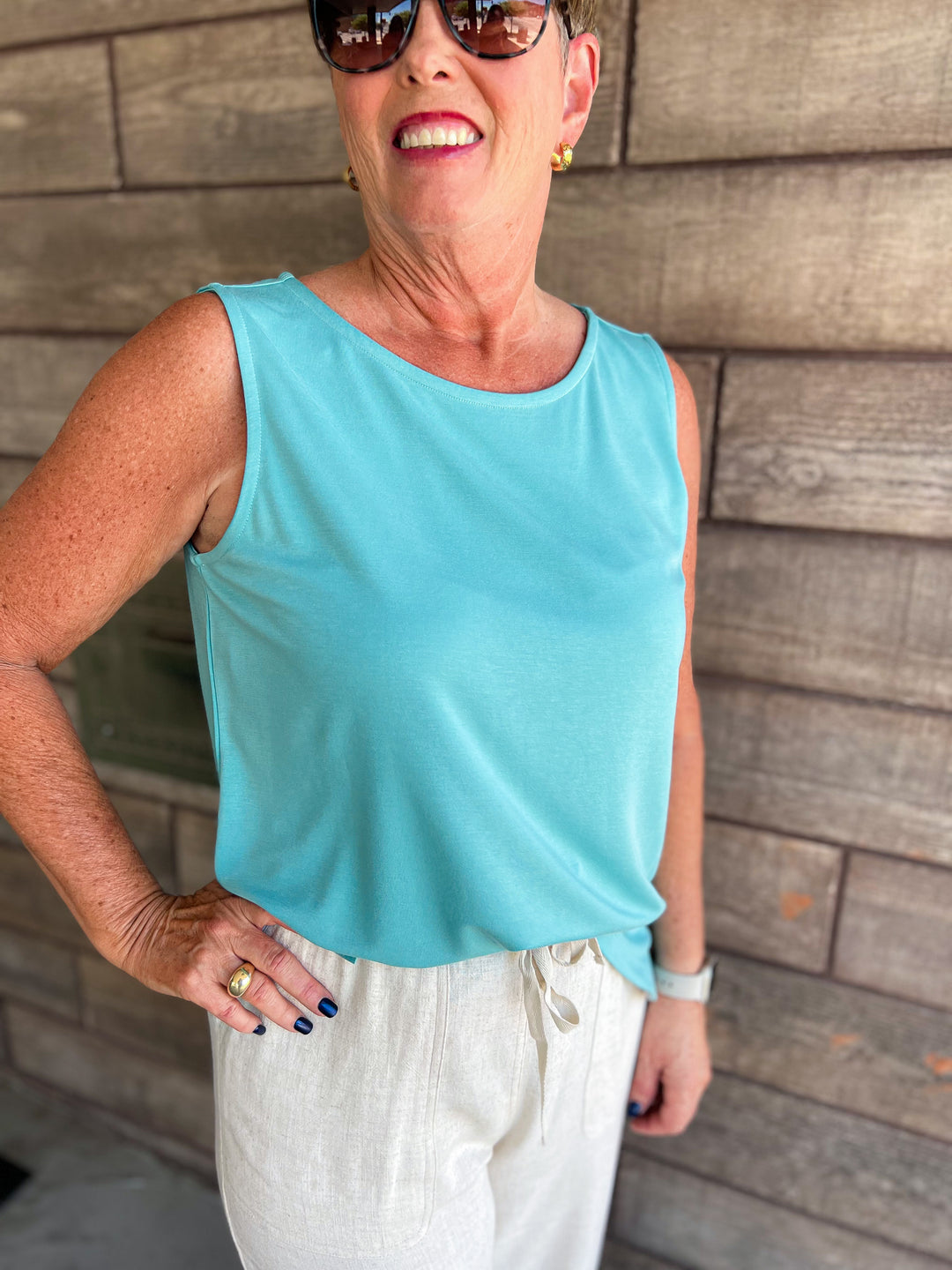 Multiples: Scoop Neck Tank Top in Aqua M34103TM