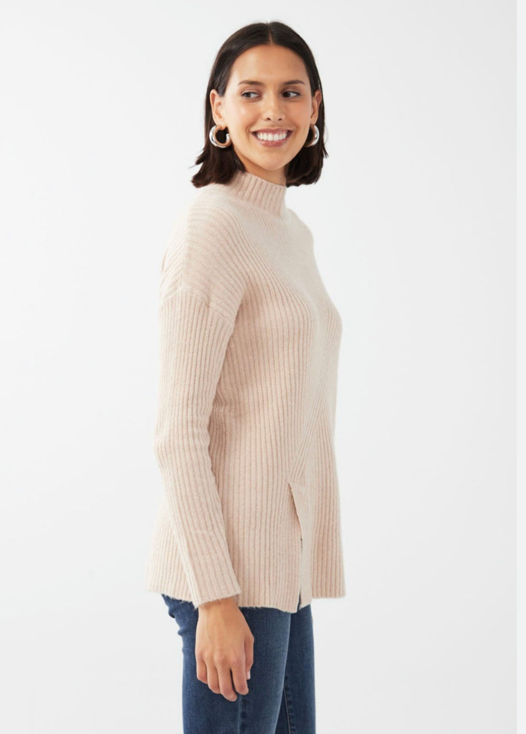French Dressing Jeans: Mock Neck Tunic Sweater in Light Tan