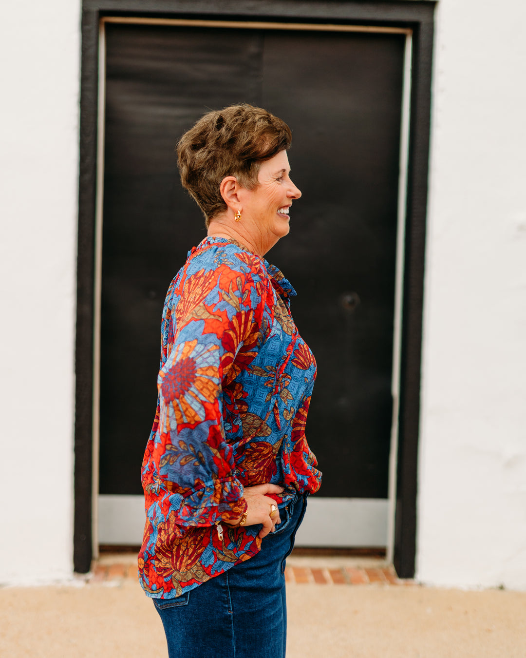 Multiples: Double Flounce Raglan 3/4 Sleeve Tie Front Shirred Neck Top (M35508TM)