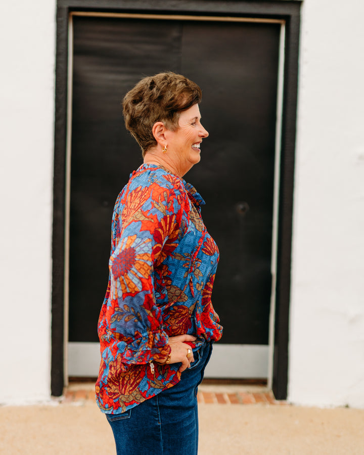 Multiples: Double Flounce Raglan 3/4 Sleeve Tie Front Shirred Neck Top (M35508TM)