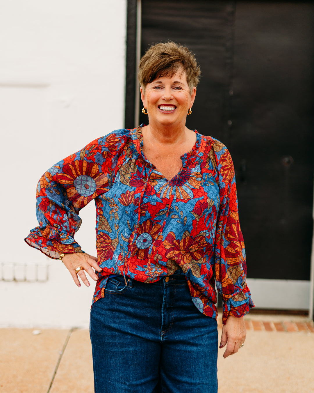 Multiples: Double Flounce Raglan 3/4 Sleeve Tie Front Shirred Neck Top (M35508TM)