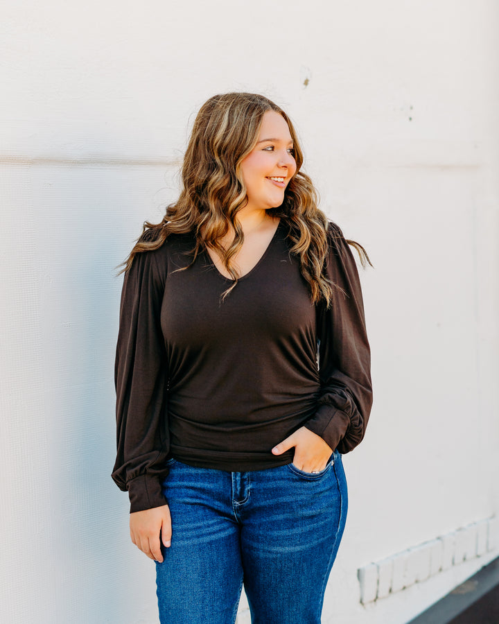 Karen Kane: Shirred V-Neck Top in Brown