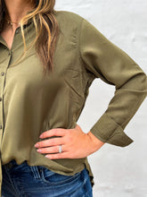 Load image into Gallery viewer, Glam: Shirttail Hem Button Down Shirt in Olive GT4828
