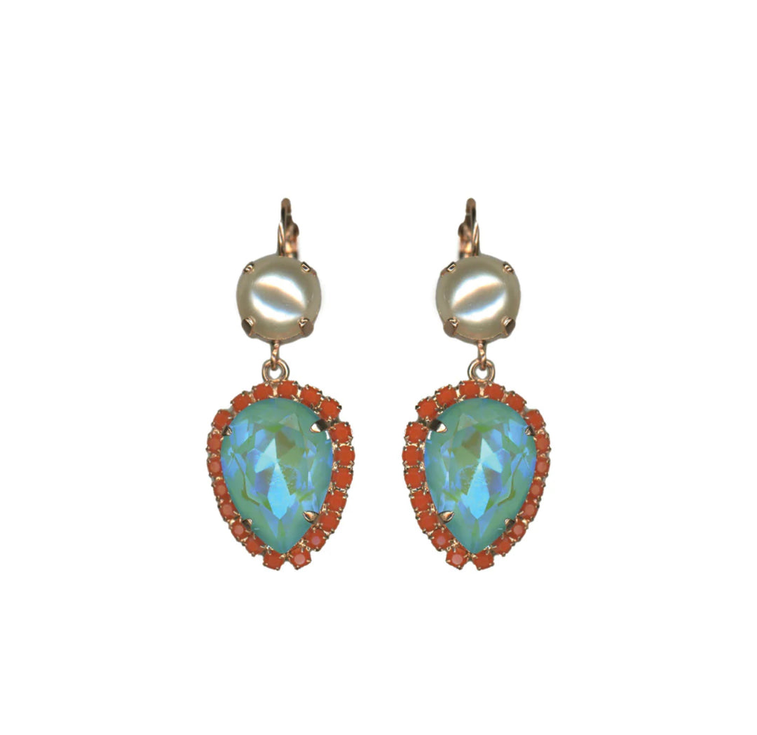 Mariana: Rose Gold Extra Luxurious Pear Halo Leverback Earrings in "Mystical Dusk"