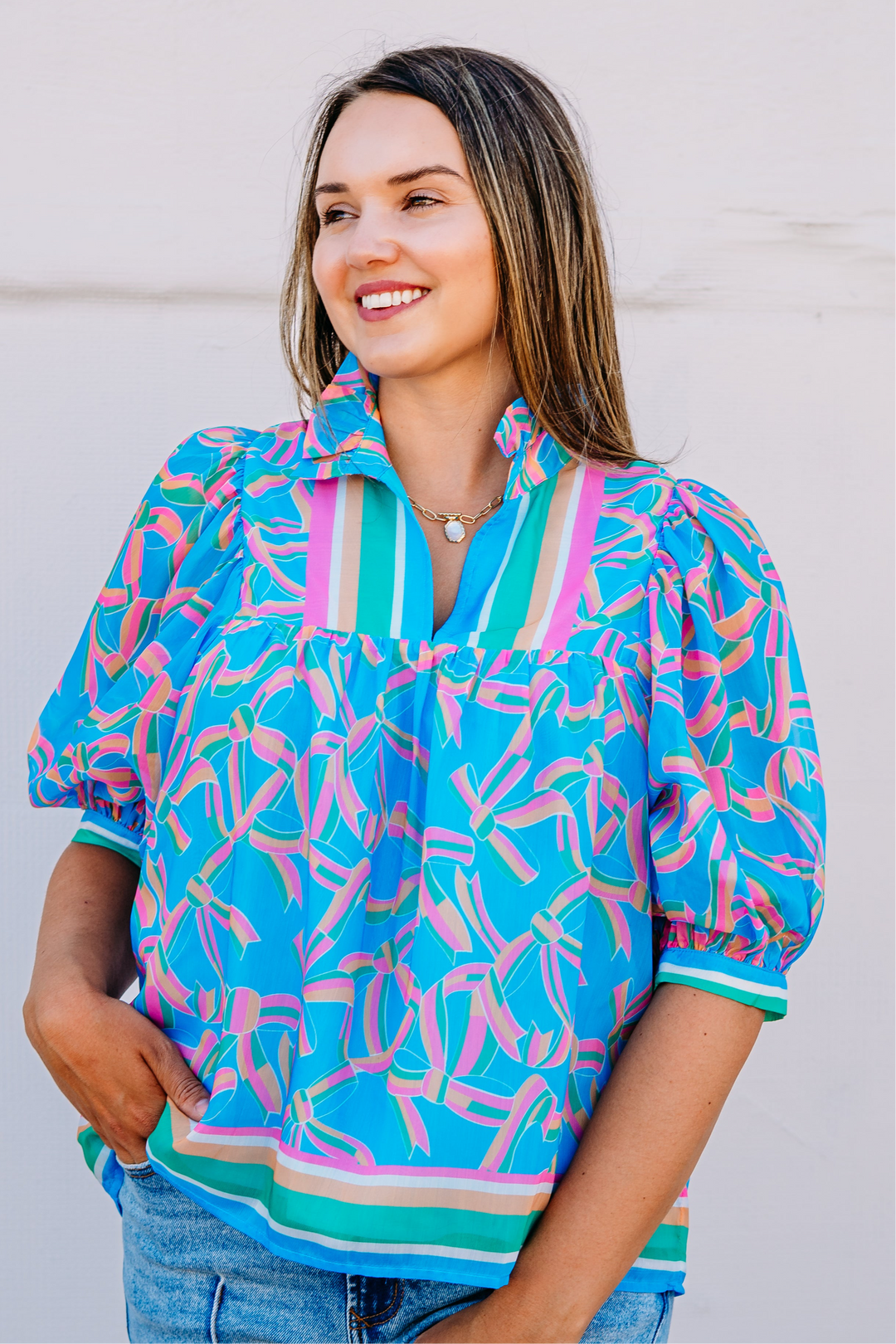 Jade: High Neck Puff Sleeve Top in Pastel Palate