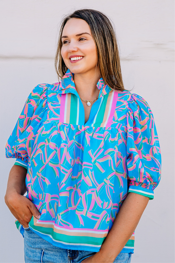 Jade: High Neck Puff Sleeve Top in Pastel Palate