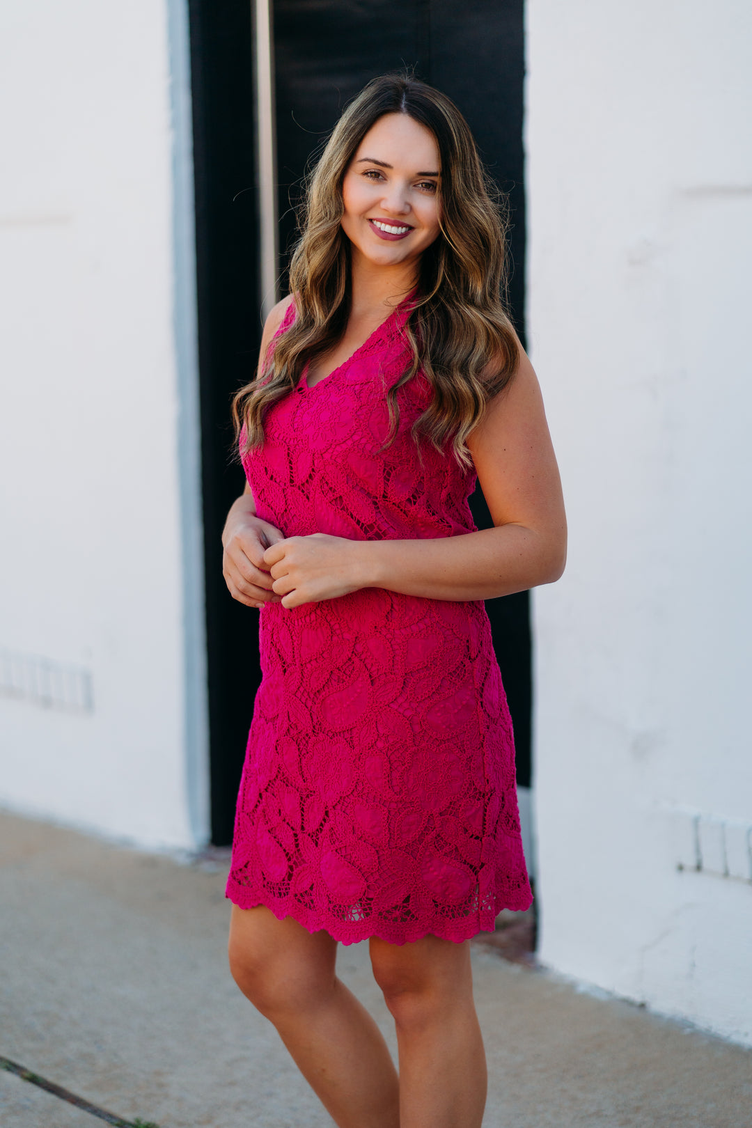 Karen Kane: Lace Shift Dress in Dark Pink 2L70216