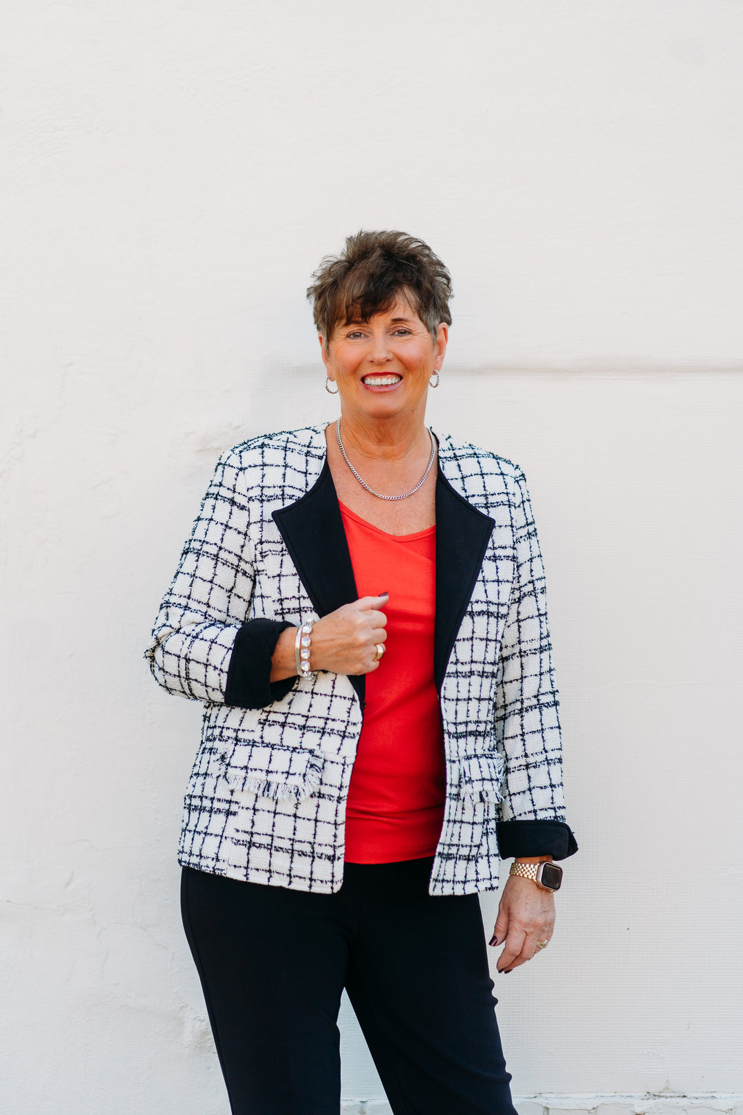 Multiples: Turn-Up Cuff Long Sleeve Flap Pocket Jacket in Plaid