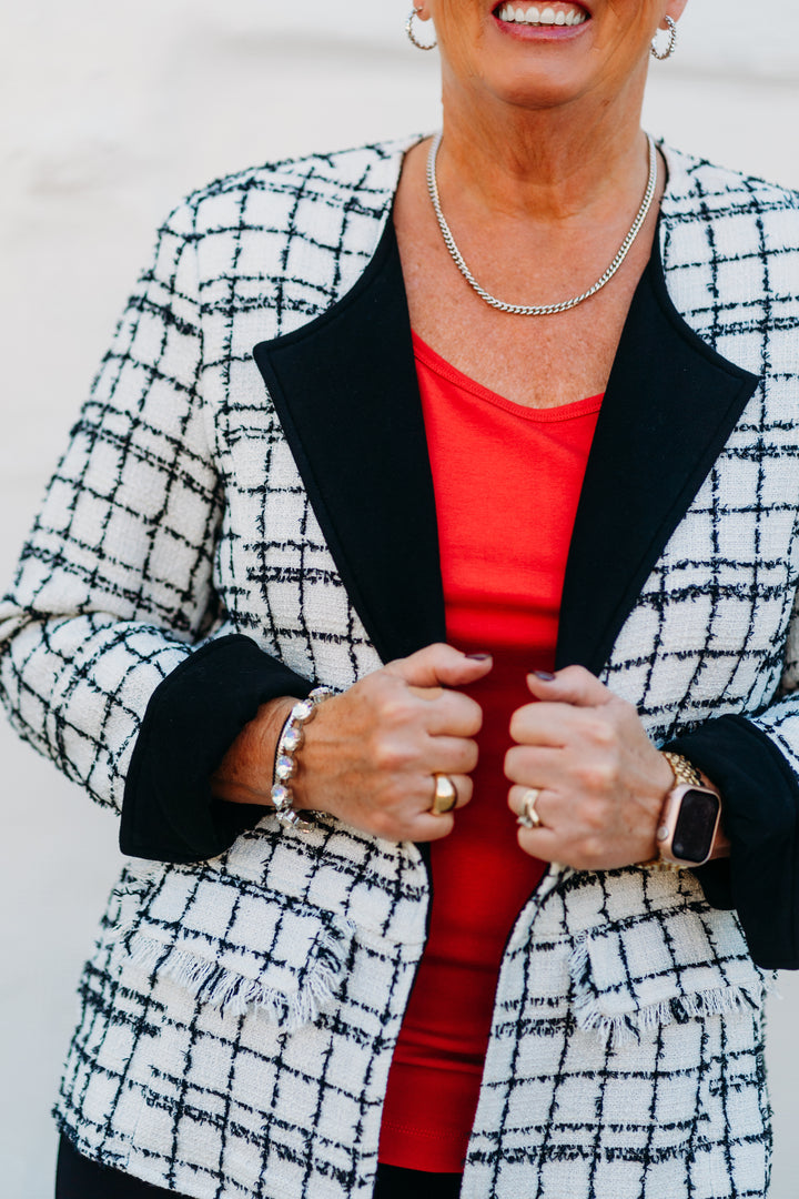 Multiples: Turn-Up Cuff Long Sleeve Flap Pocket Jacket in Plaid