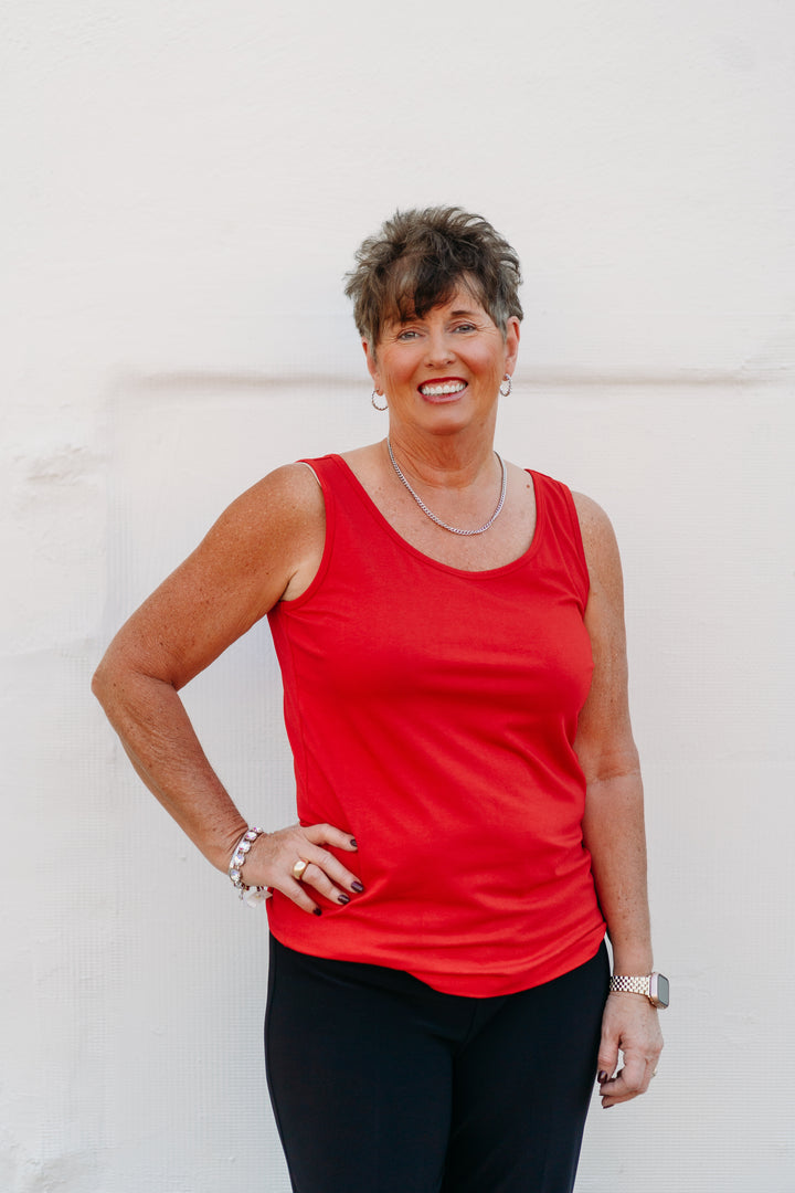 Multiples: Double Scoop Neck Solid Knit Tank Top M44103TM - 640 Vivid Red