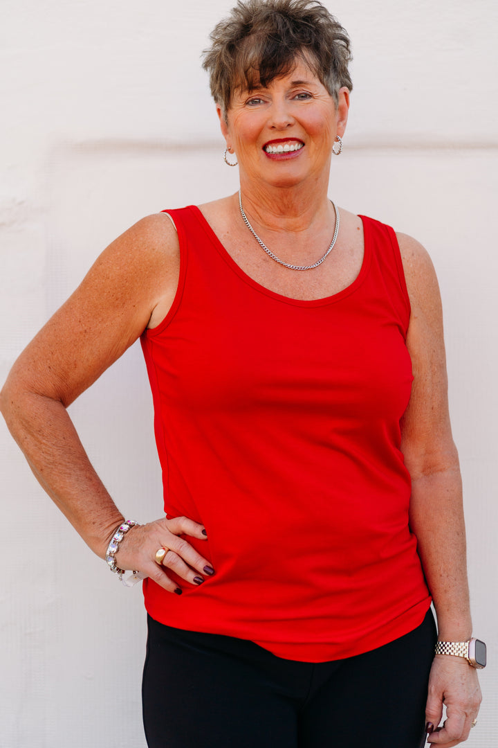 Multiples: Double Scoop Neck Solid Knit Tank Top M44103TM - 640 Vivid Red