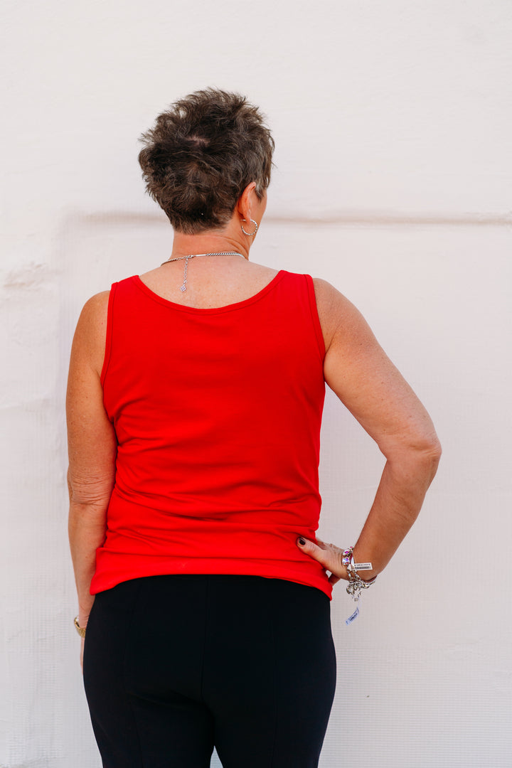 Multiples: Double Scoop Neck Solid Knit Tank Top M44103TM - 640 Vivid Red