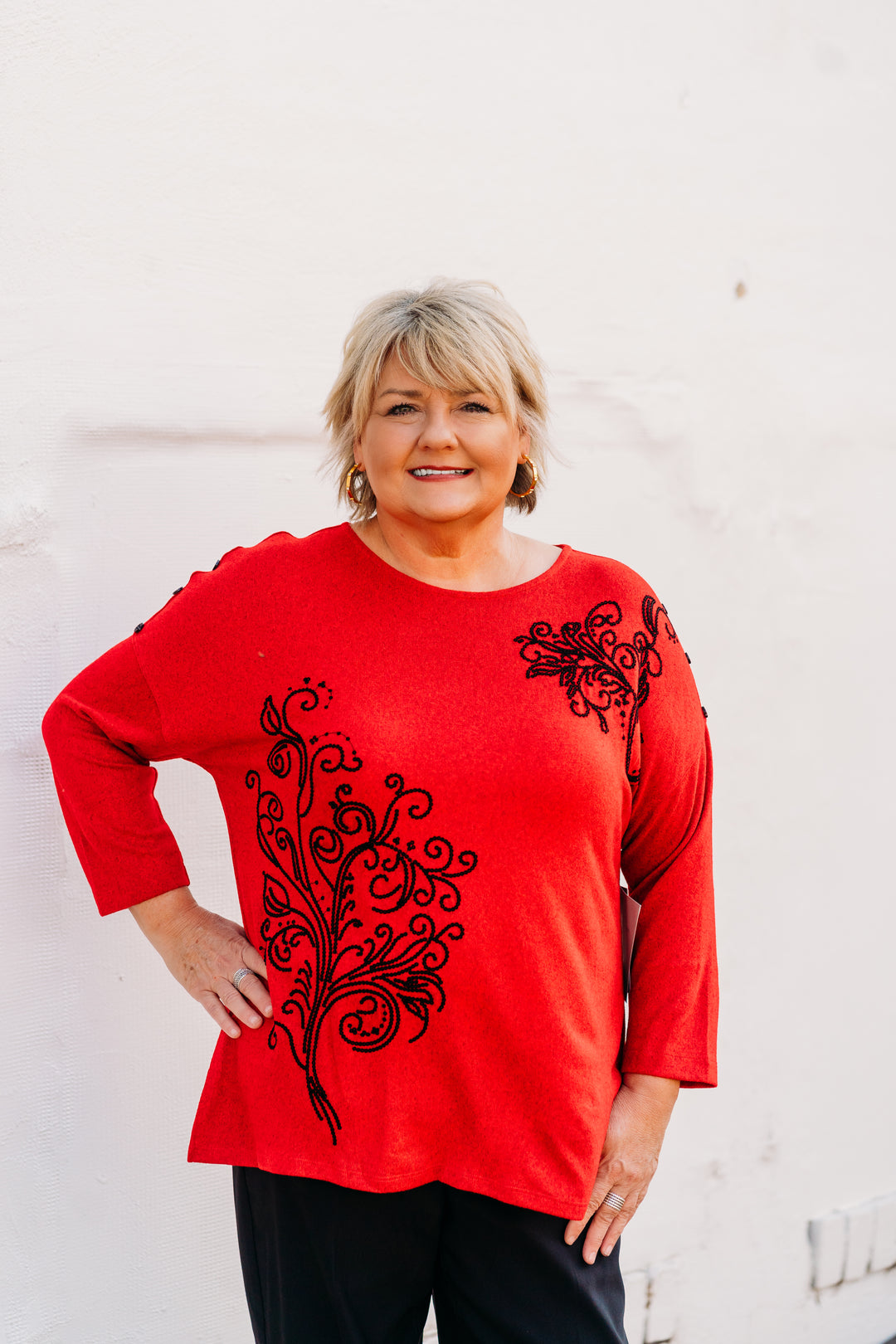 Multiples: Dolman 3/4 Sleeve Wide Neck Button Shoulder Solid Dyed Hatchi with Sequin Print Top M44304TM - 640 Vivid Red